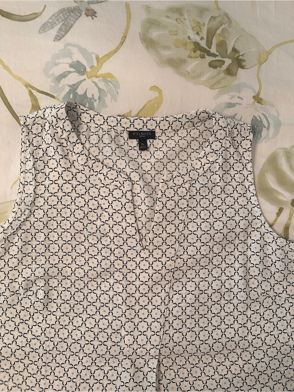 Talbots Navy & White Geometric Sleeveless Blouse